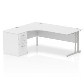 Impulse 1800mm Left Crescent Desk White Top Silver Cantilever Leg Workstation 600 Deep Desk High Pedestal Bundle