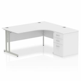 Impulse 1600mm Right Crescent Desk White Top Silver Cantilever Leg Workstation 600 Deep Desk High Pedestal Bundle