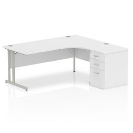 Impulse 1800mm Right Crescent Desk White Top Silver Cantilever Leg Workstation 600 Deep Desk High Pedestal Bundle
