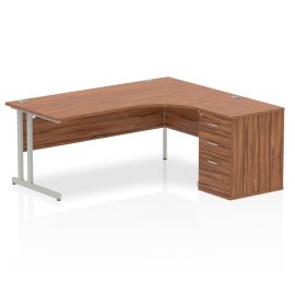 Impulse 1800mm Right Crescent Desk Walnut Top Silver Cantilever Leg Workstation 600 Deep Desk High Pedestal Bundle