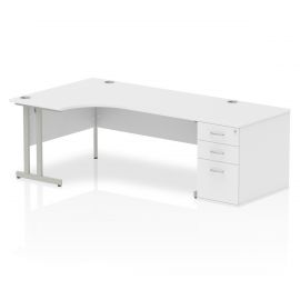Impulse 1800mm Left Crescent Desk White Top Silver Cantilever Leg Workstation 800 Deep Desk High Pedestal Bundle