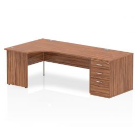 Impulse 1800mm Left Crescent Desk Walnut Top Panel End Leg Workstation 800 Deep Desk High Pedestal Bundle