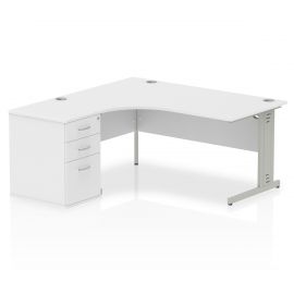 Impulse 1600mm Left Crescent Desk White Top Silver Cable Managed Leg Workstation 600 Deep Desk High Pedestal Bundle