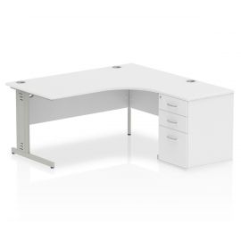 Impulse 1600mm Right Crescent Desk White Top Silver Cable Managed Leg Workstation 600 Deep Desk High Pedestal Bundle
