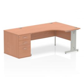 Impulse 1600mm Right Crescent Desk Beech Top Silver Cable Managed Leg Workstation 800 Deep Desk High Pedestal Bundle
