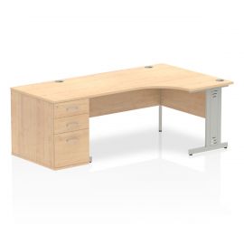 Impulse 1600mm Right Crescent Desk Maple Top Silver Cable Managed Leg Workstation 800 Deep Desk High Pedestal Bundle
