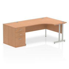 Impulse 1600mm Right Crescent Desk Oak Top Silver Cantilever Leg Workstation 800 Deep Desk High Pedestal Bundle