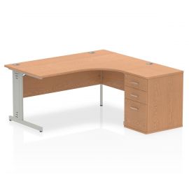 Impulse 1600mm Right Crescent Desk Oak Top Silver Cable Managed Leg Workstation 600 Deep Desk High Pedestal Bundle