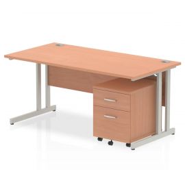 Impulse 1600 x 800mm Straight Desk Beech Top Silver Cantilever Leg with 2 Drawer Mobile Pedestal