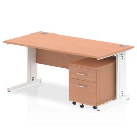 Impulse 1600 x 800mm Straight Desk Beech Top Silver Cable Managed Leg with 2 Drawer Mobile Pedestal