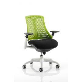 Flex Task Operator Chair White Frame Black Fabric Seat With Green Back With Arms