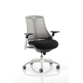 Flex Task Operator Chair White Frame Black Fabric Seat With Grey Back With Arms