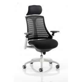 Flex Task Operator Chair White Frame Black Fabric Seat With Black Back With Arms With Headrest