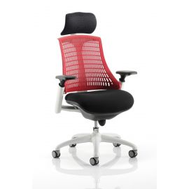 Flex Task Operator Chair White Frame Black Fabric Seat With Red Back With Arms With Headrest