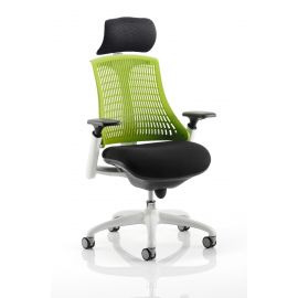 Flex Task Operator Chair White Frame Black Fabric Seat With Green Back With Arms With Headrest