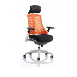 Flex Task Operator Chair White Frame Black Fabric Seat With Orange Back With Arms With Headrest