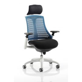 Flex Task Operator Chair White Frame Black Fabric Seat With Blue Back With Arms With Headrest