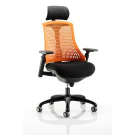 Flex Task Operator Chair Black Frame With Black Fabric Seat Orange Back With Arms With Headrest