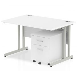 Impulse 1200 x 800mm Straight Desk White Top Silver Cantilever Leg with 2 Drawer Mobile Pedestal Bundle