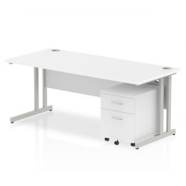 Impulse 1800 x 800mm Straight Desk White Top Silver Cantilever Leg with 2 Drawer Mobile Pedestal