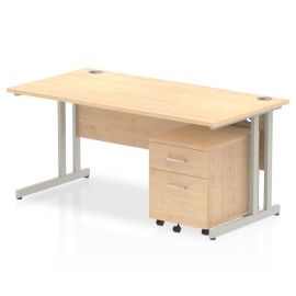 Impulse 1600 x 800mm Straight Desk Maple Top Silver Cantilever Leg with 2 Drawer Mobile Pedestal
