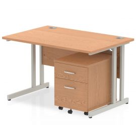 Impulse 1200 x 800mm Straight Desk Oak Top Silver Cantilever Leg with 2 Drawer Mobile Pedestal Bundle