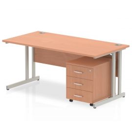 Impulse 1400 x 800mm Straight Desk Beech Top Silver Cantilever Leg with 2 Drawer Mobile Pedestal Bundle