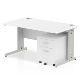 Impulse 1400 x 800mm Straight Desk White Top Silver Cable Managed Leg with 2 Drawer Mobile Pedestal Bundle