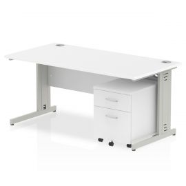 Impulse 1600 x 800mm Straight Desk White Top Silver Cable Managed Leg with 2 Drawer Mobile Pedestal