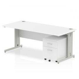 Impulse 1800 x 800mm Straight Desk White Top Silver Cable Managed Leg with 2 Drawer Mobile Pedestal