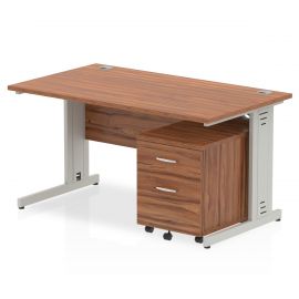 Impulse 1400 x 800mm Straight Desk Walnut Top Silver Cable Managed Leg with 2 Drawer Mobile Pedestal Bundle