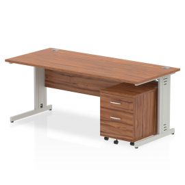 Impulse 1800 x 800mm Straight Desk Walnut Top Silver Cable Managed Leg with 2 Drawer Mobile Pedestal