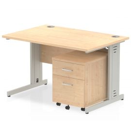 Impulse 1200 x 800mm Straight Desk Maple Top Silver Cable Managed Leg with 2 Drawer Mobile Pedestal Bundle
