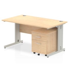 Impulse 1400 x 800mm Straight Desk Maple Top Silver Cable Managed Leg with 2 Drawer Mobile Pedestal Bundle