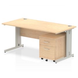 Impulse 1600 x 800mm Straight Desk Maple Top Silver Cable Managed Leg with 2 Drawer Mobile Pedestal