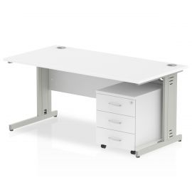 Impulse 1400 x 800mm Straight Desk White Top Silver Cable Managed Leg with 3 Drawer Mobile Pedestal Bundle