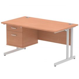 Impulse 1400 x 800mm Straight Desk Beech Top Silver Cantilever Leg with 1 x 2 Drawer Fixed Pedestal