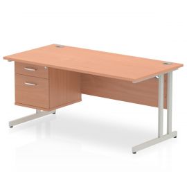 Impulse 1600 x 800mm Straight Desk Beech Top Silver Cantilever Leg 1 x 2 Drawer Fixed Pedestal