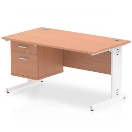 Impulse 1400 x 800mm Straight Desk Beech Top White Cable Managed Leg with 1 x 2 Drawer Fixed Pedestal