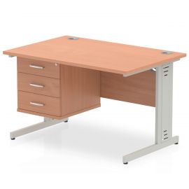 Impulse 1200 x 800mm Straight Desk Beech Top Silver Cable Managed Leg with 1 x 3 Drawer Fixed Pedestal