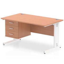 Impulse 1400 x 800mm Straight Desk Beech Top White Cable Managed Leg with 1 x 3 Drawer Fixed Pedestal