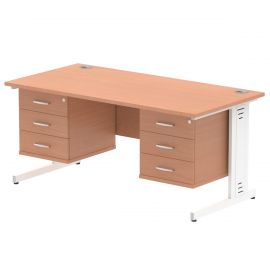 Impulse 1600 x 800mm Straight Desk Beech Top White Cable Managed Leg 2 x 3 Drawer Fixed Pedestal