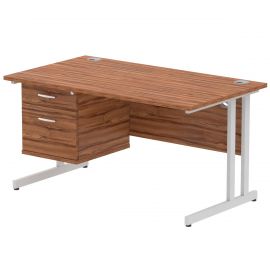Impulse 1400 x 800mm Straight Desk Walnut Top Silver Cantilever Leg with 1 x 2 Drawer Fixed Pedestal