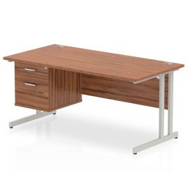 Impulse 1600 x 800mm Straight Desk Walnut Top Silver Cantilever Leg 1 x 2 Drawer Fixed Pedestal