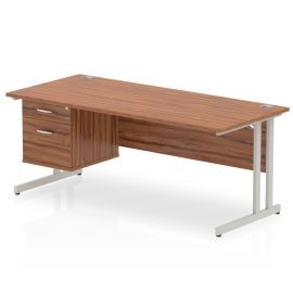 Impulse 1800 x 800mm Straight Desk Walnut Top Silver Cantilever Leg 1 x 2 Drawer Fixed Pedestal