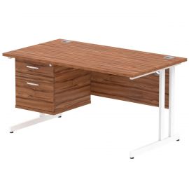 Impulse 1400 x 800mm Straight Desk Walnut Top White Cantilever Leg with 1 x 2 Drawer Fixed Pedestal