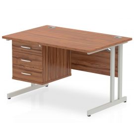 Impulse 1200 x 800mm Straight Desk Walnut Top Silver Cantilever Leg with 1 x 3 Drawer Fixed Pedestal