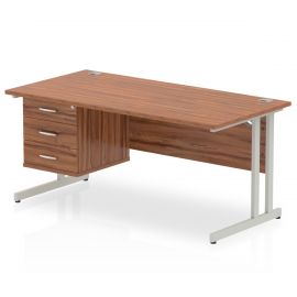 Impulse 1600 x 800mm Straight Desk Walnut Top Silver Cantilever Leg 1 x 3 Drawer Fixed Pedestal