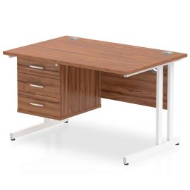 Impulse 1200 x 800mm Straight Desk Walnut Top White Cantilever Leg with 1 x 3 Drawer Fixed Pedestal