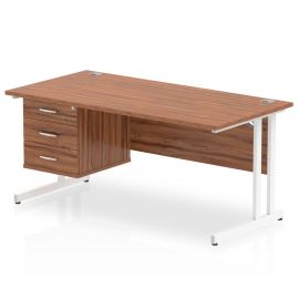 Impulse 1600 x 800mm Straight Desk Walnut Top White Cantilever Leg 1 x 3 Drawer Fixed Pedestal